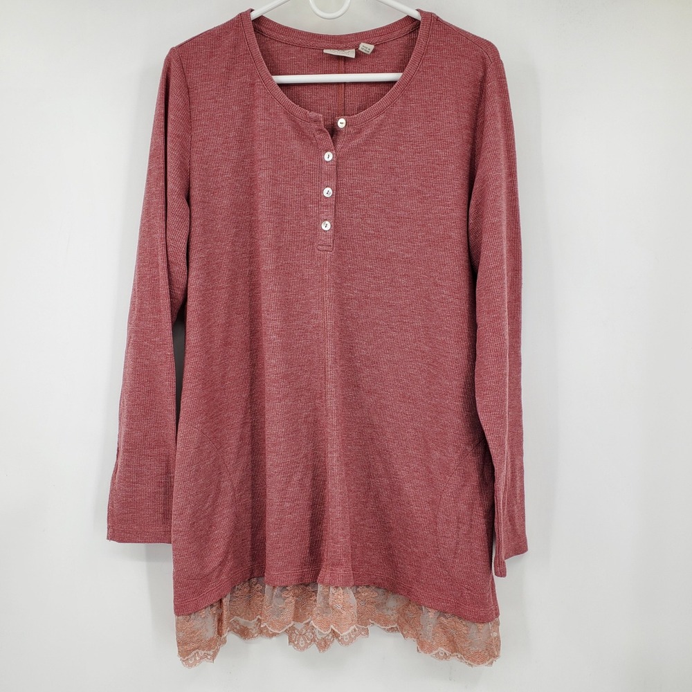 LOGO Lori Goldstein Womens XL Waffle Knit Henley‎ Tunic Lace Trim Rose Pink Top